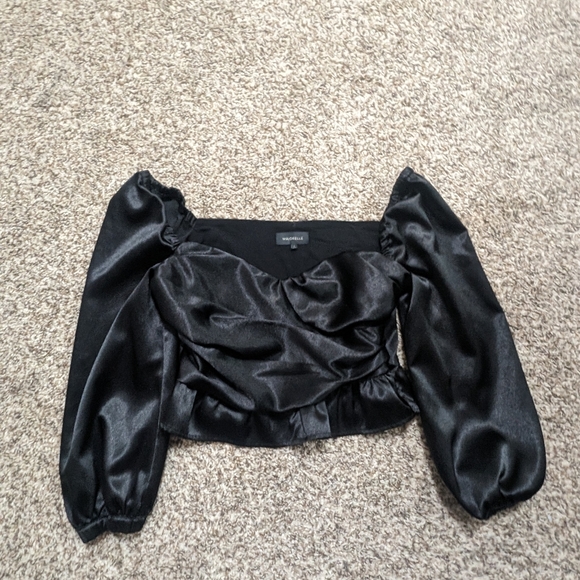 Majorelle Black Satin Cropped Puff Sleeve Top - Picture 2 of 11
